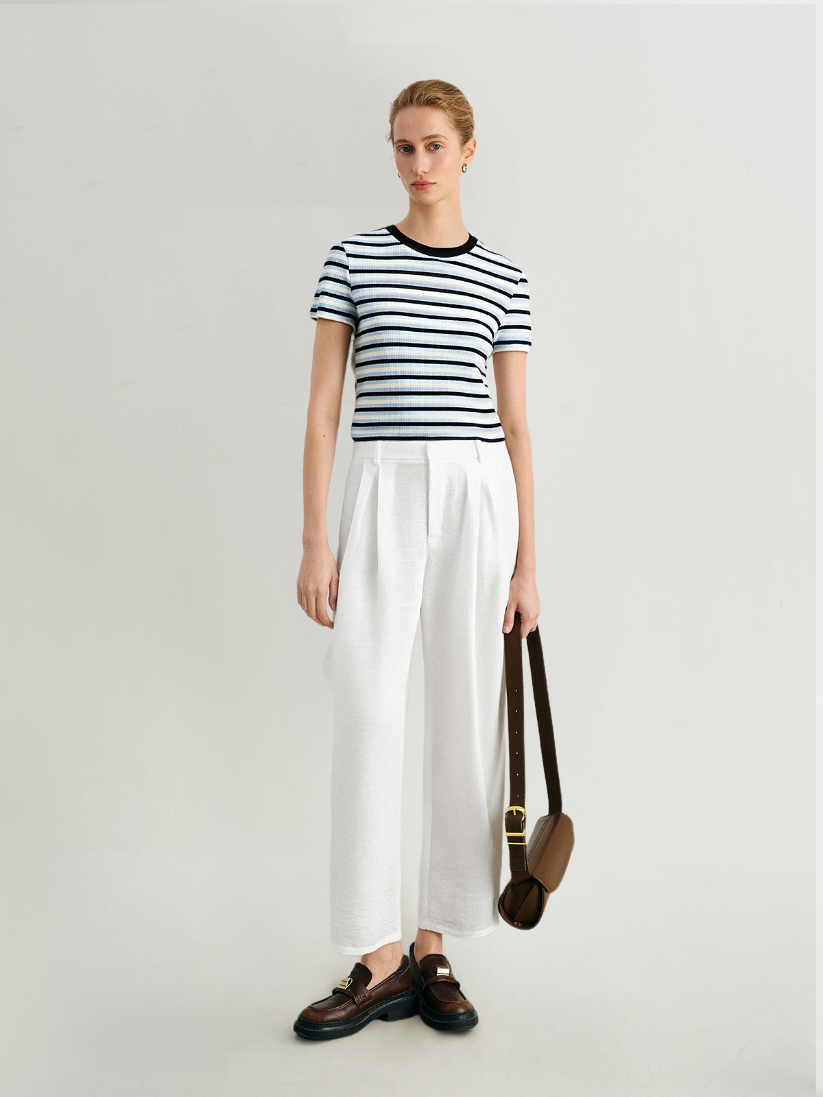 Cotton Blend Striped Cropped Tee