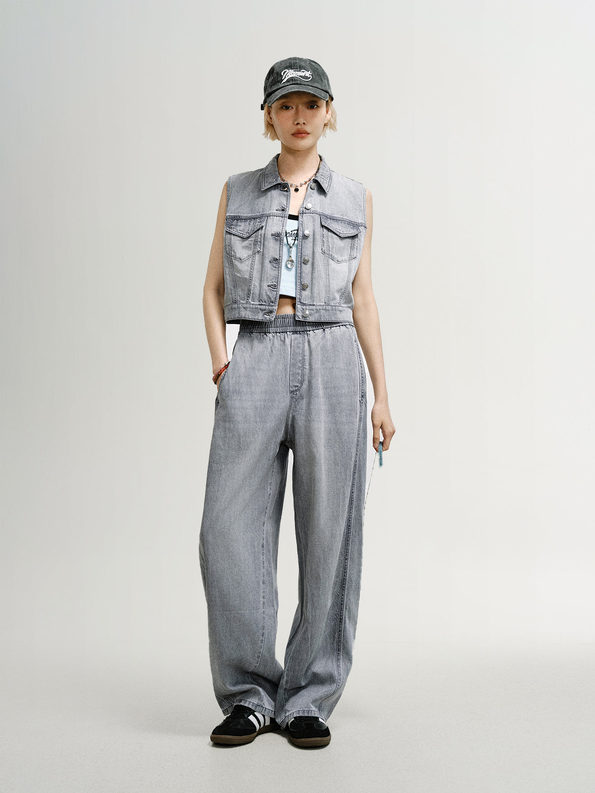 Lyocell-Cotton Sleeveless Collared Denim Vest