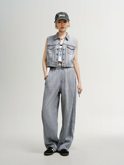 Load image 1 in gallery view. Lyocell-Cotton Sleeveless Collared Denim Vest