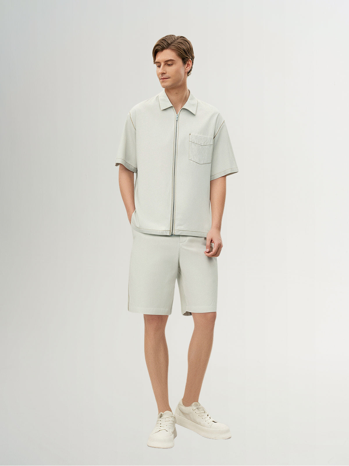 Acetate-Blend Zip Short-Sleeve Shirt