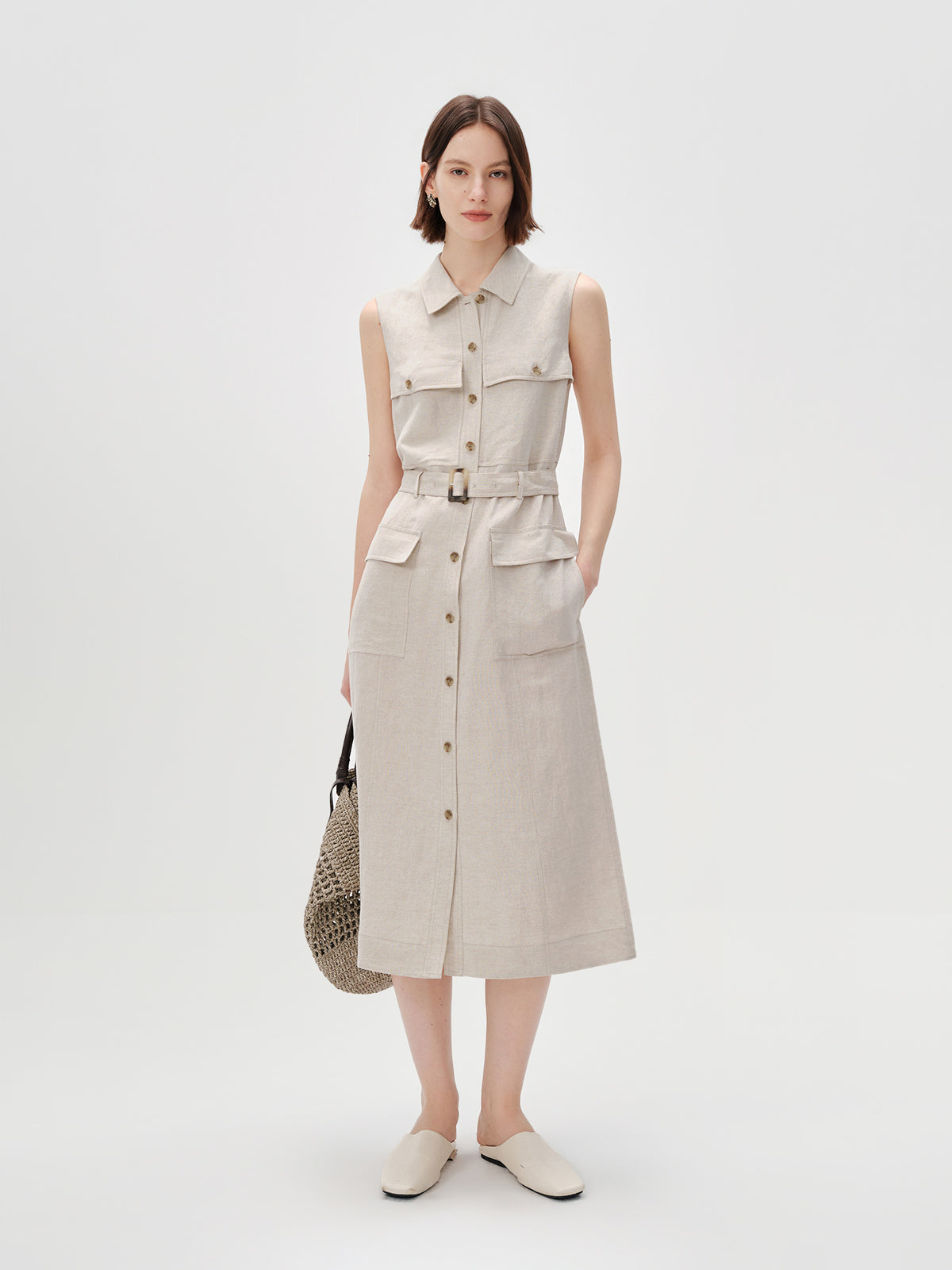 Lyocell Sleeveless Collared Dress with Belt