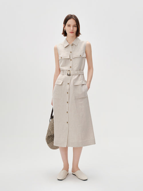 Load image 1 in gallery view. Lyocell Sleeveless Collared Dress with Belt