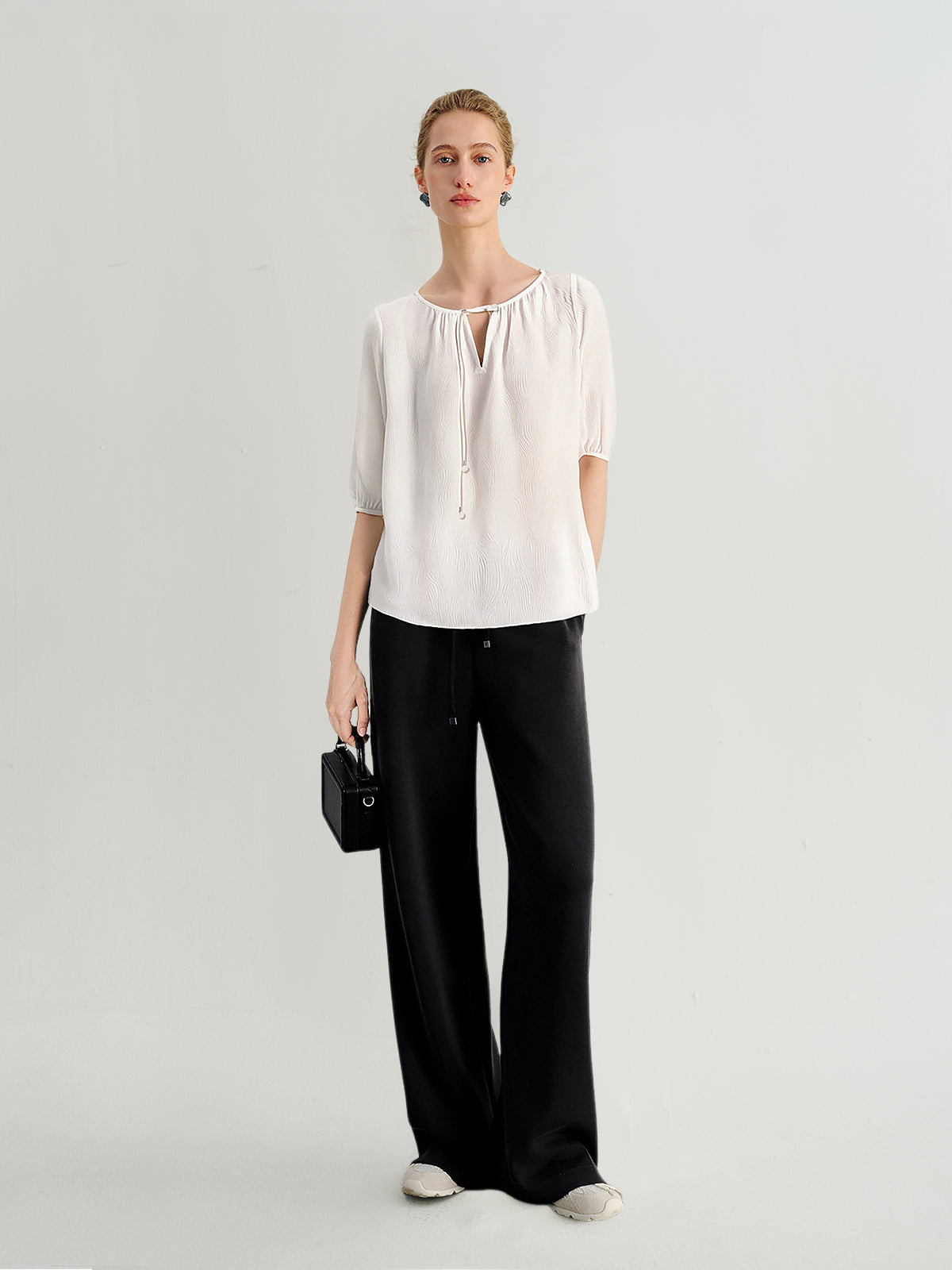 Silk Wave-Texture Short-Sleeve Blouse