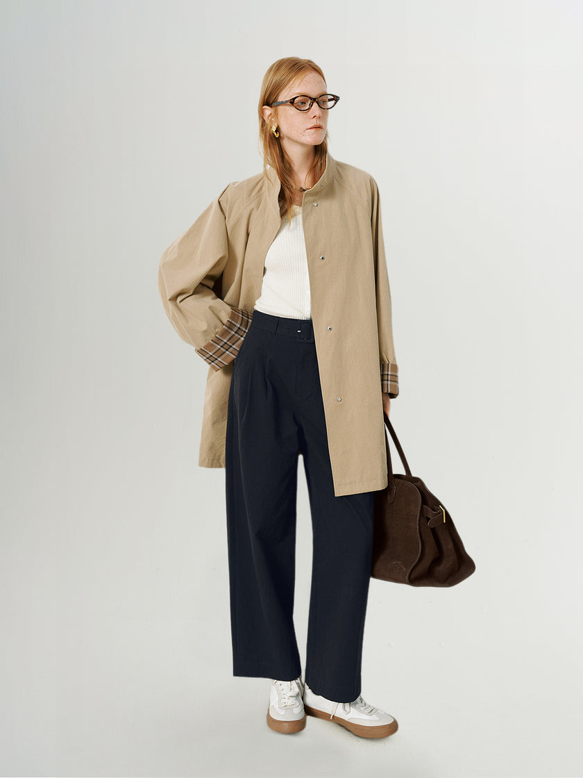 Cotton Stand-Collar Raglan Sleeve Trench