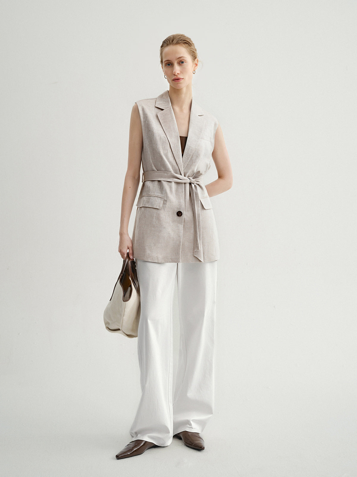 Linen-Blend Sleeveless Belted Vest