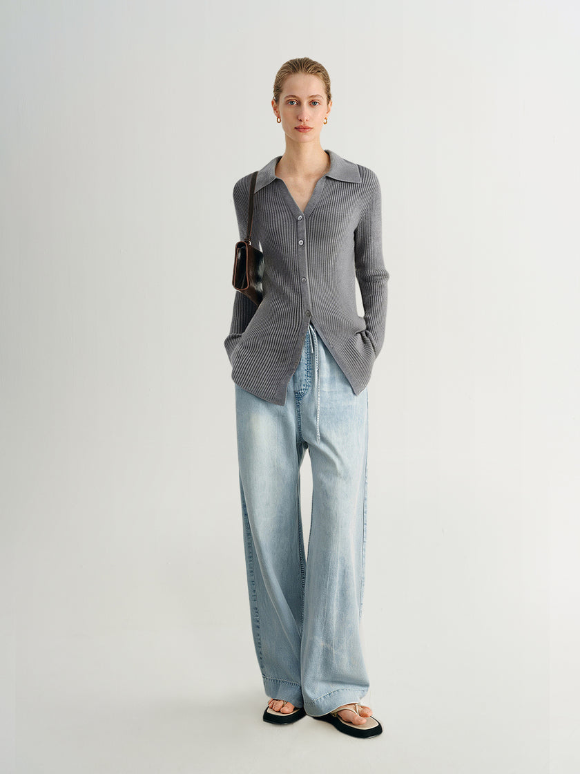 Wide-Leg Lyocell Denim Drawstring  Pants