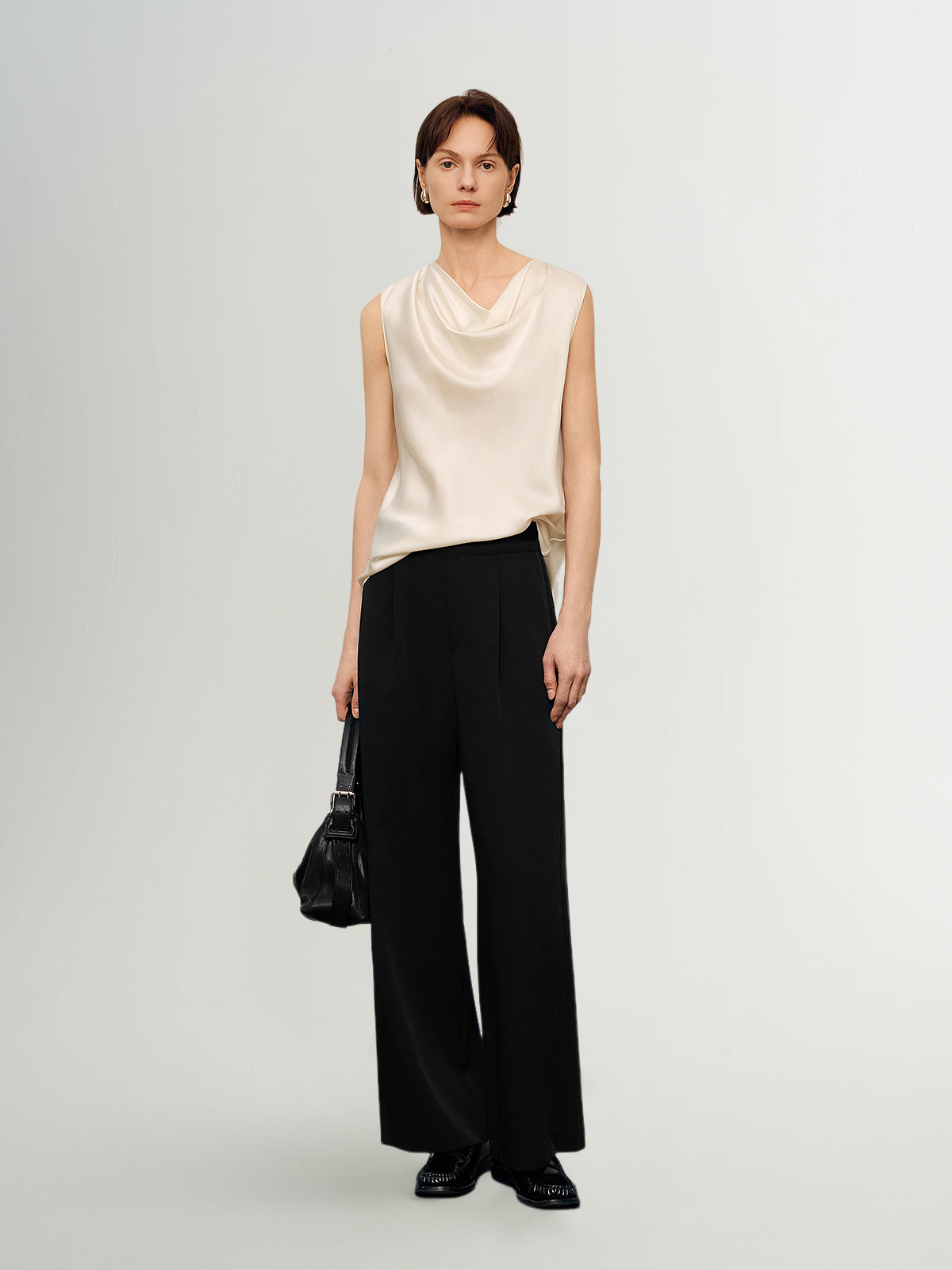 Sleeveless Draped Cowl-Neck Pure Silk Top