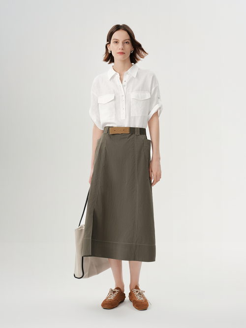 Load image 1 in gallery view. Pure Linen Collared Drop-Shoulder Short Sleeve Top