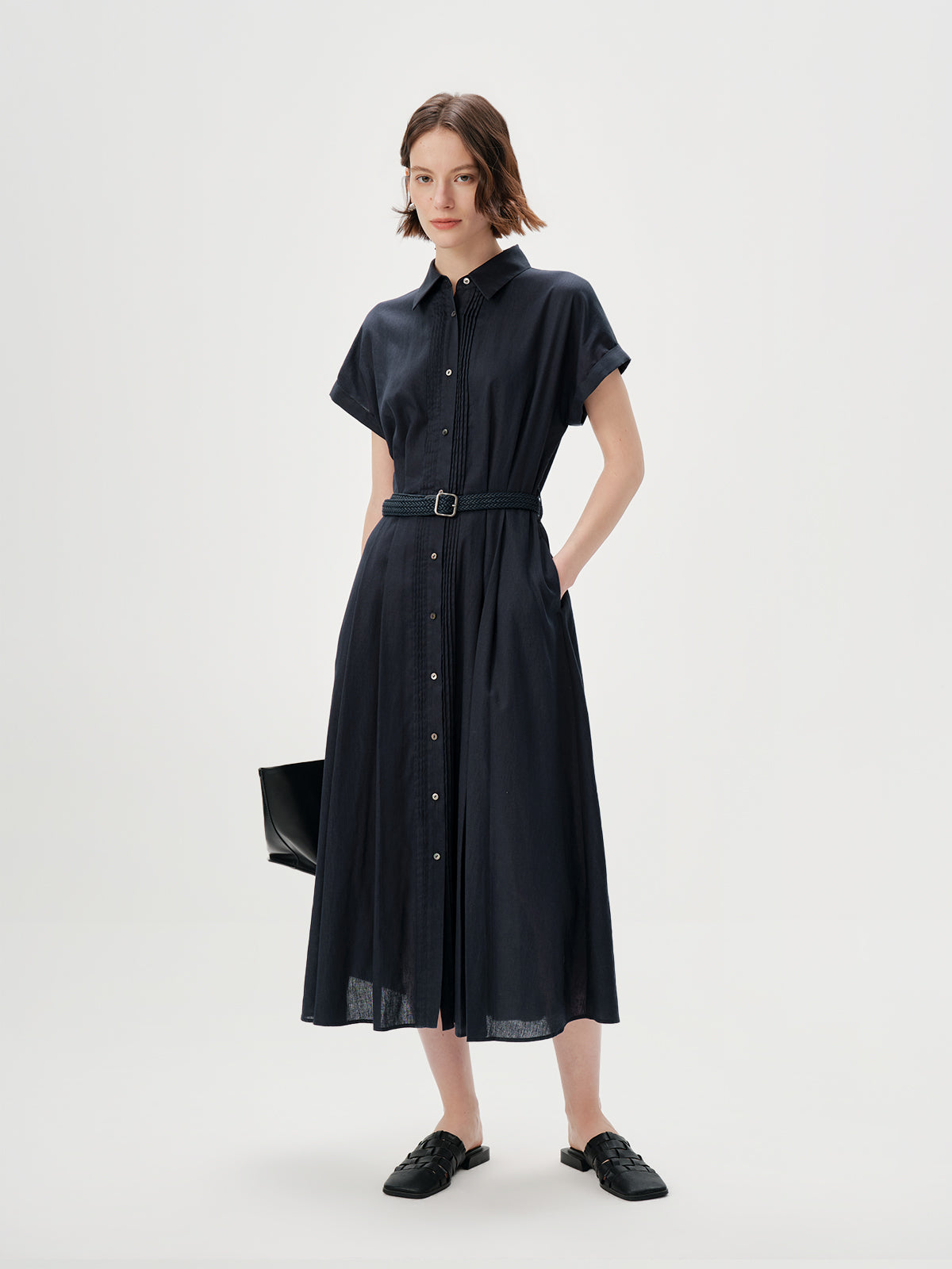 Collared Raglan Sleeve Midi Dress with Belt