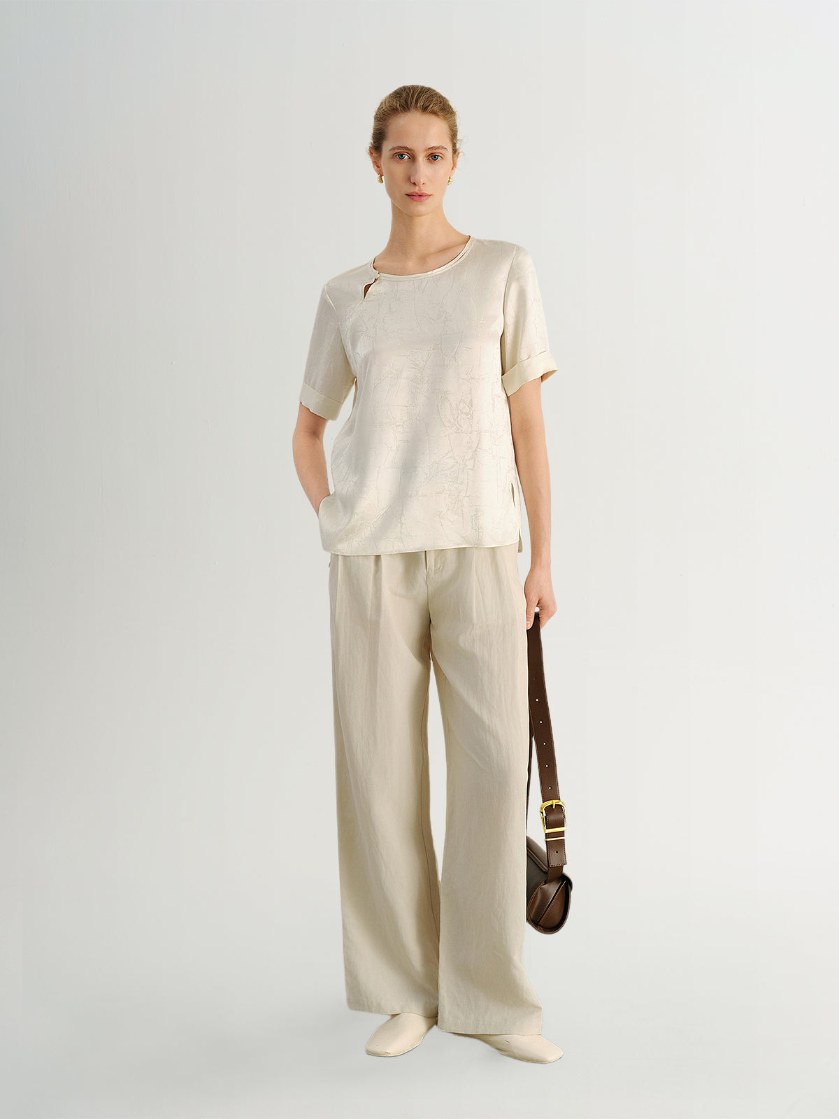 Silk Jacquard Satin Short-Sleeve  Top