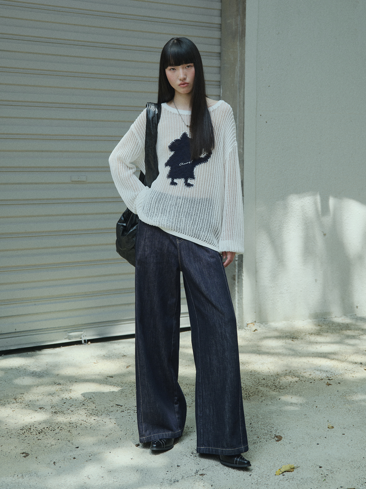 Cotton Drop-Shoulder Crochet Knit Sweater