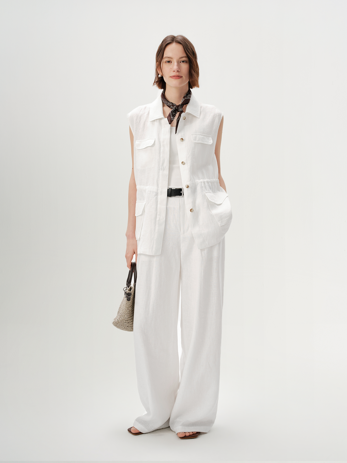 Pure Linen Sleeveless Collared Top with Pockets