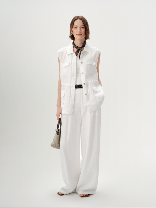 Load image 1 in gallery view. Pure Linen Sleeveless Collared Top with Pockets