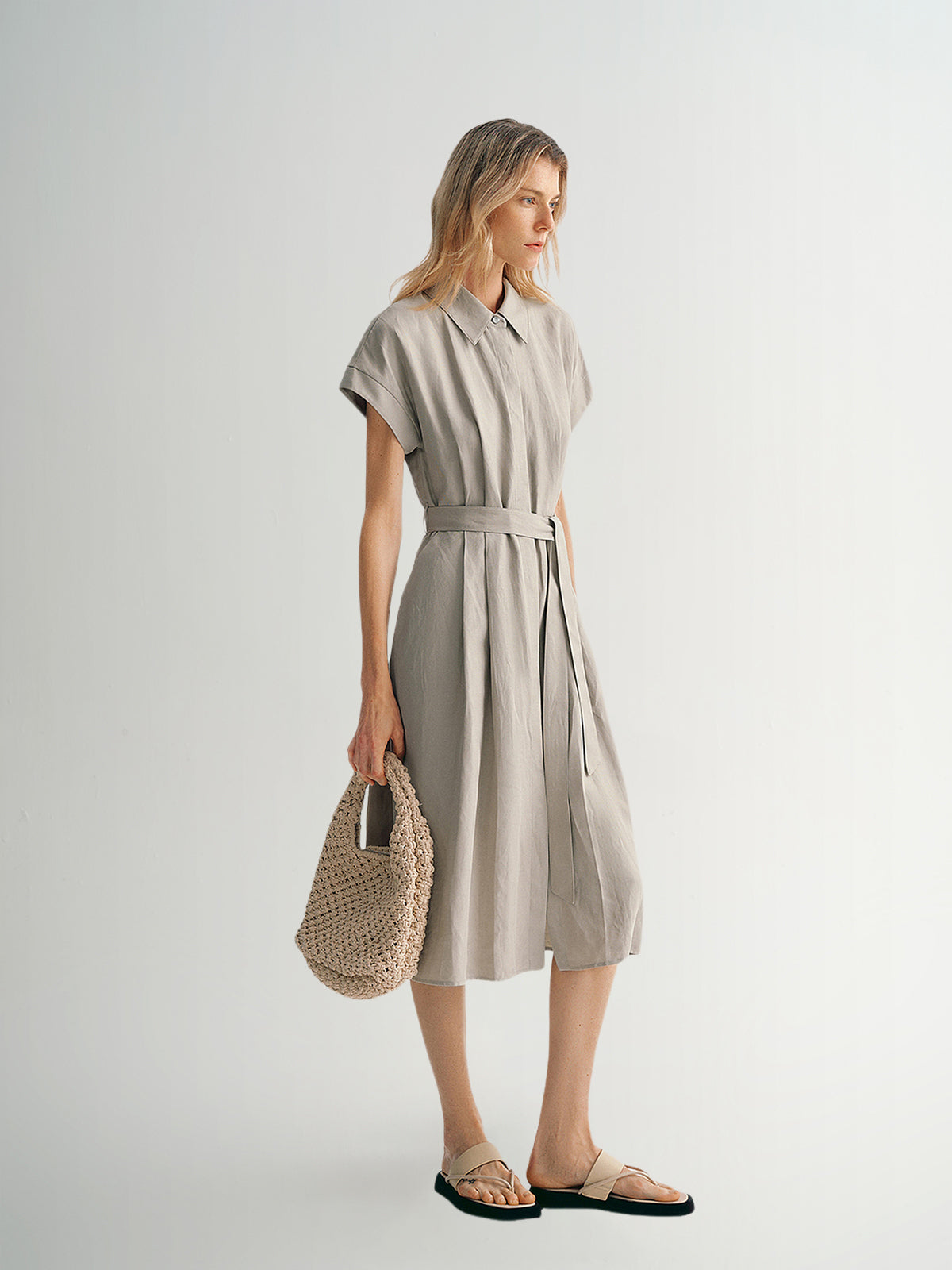 Short Sleeves Lyocell Tie Belt Dress