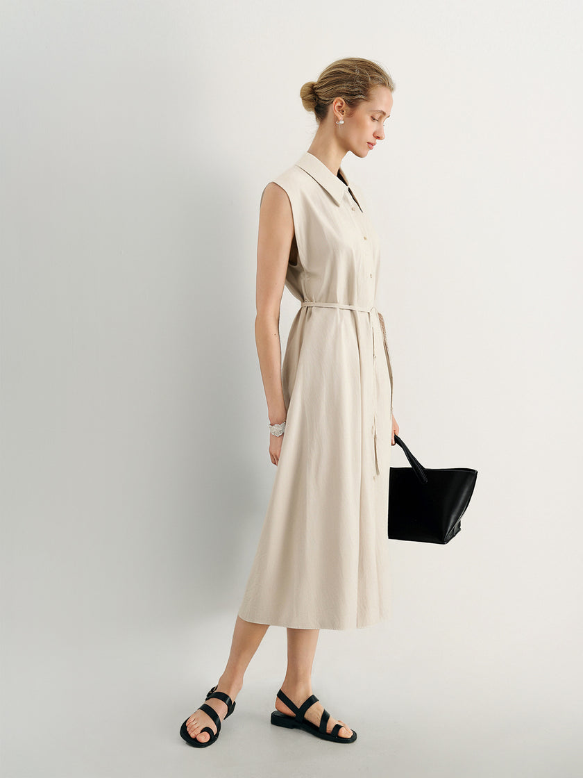 Sleeveless Cotton-Blend Belted Dress