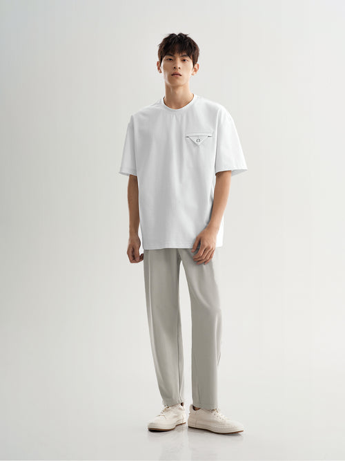Load image 1 in gallery view. White Cotton-Blend Oversized Tee with Chest Detail