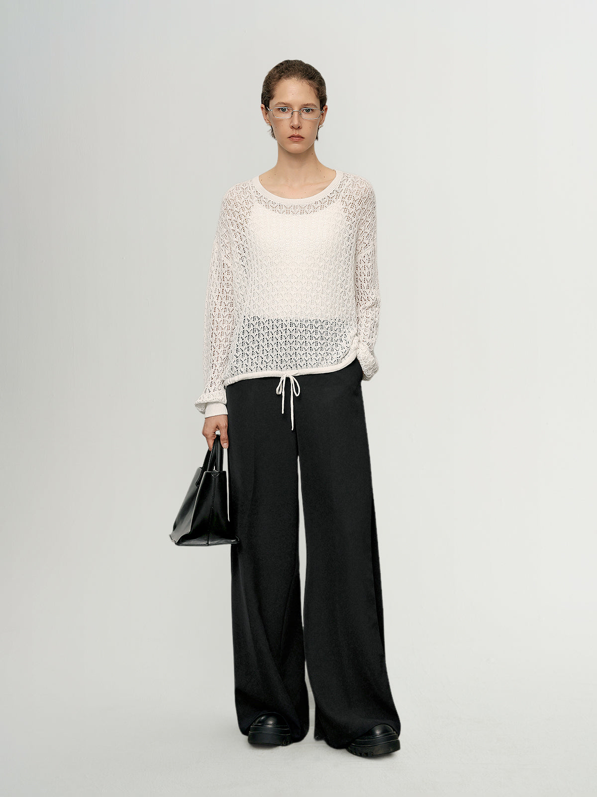 Cotton-Linen Crochet Knit Crewneck Sweater