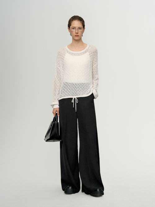 Load image 1 in gallery view. Cotton-Linen Crochet Knit Crewneck Sweater