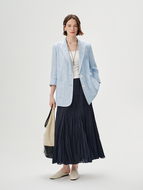 Load image 1 in gallery view. Linen V-Neck Structured Shoulder Relaxed Fit Blazer with Three-Quarter Sleeves