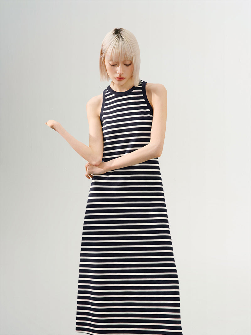 Women's Navy Blue Stripe Sleeveless Dress 4F4190811