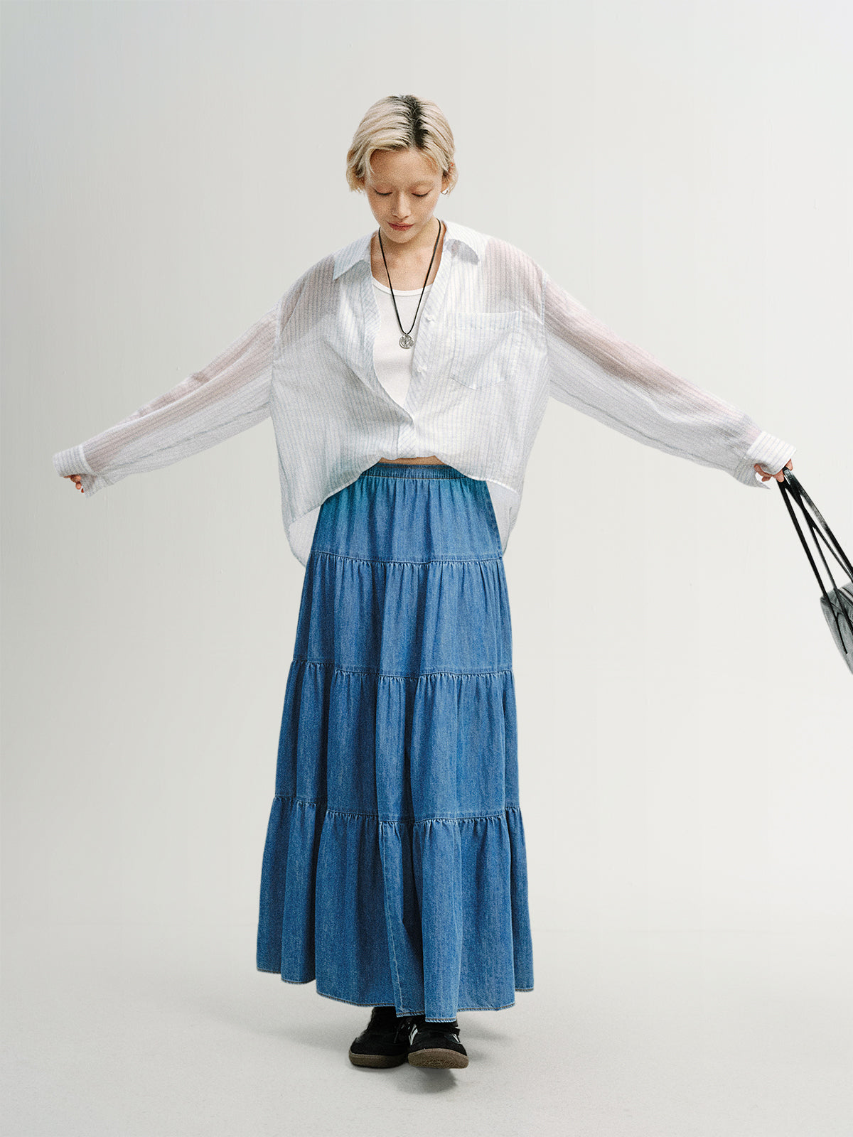 Striped Lyocell V-Neck Layered Tank-Top Blouse