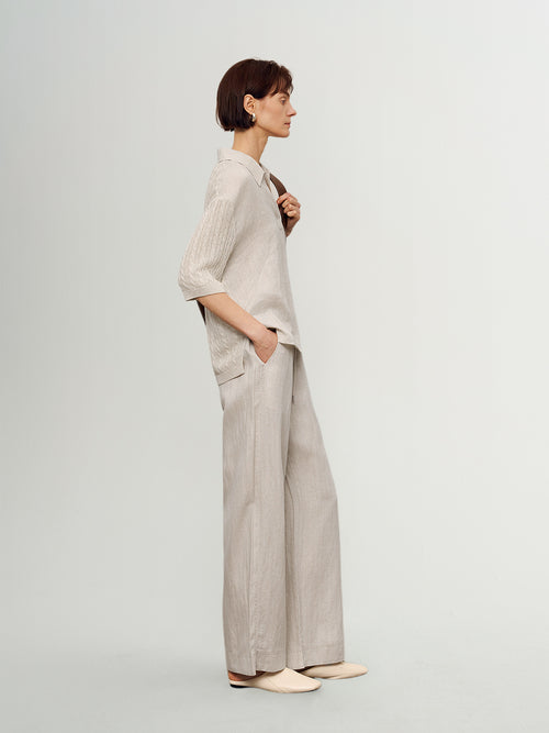 Load image 1 in gallery view. Linen-Blend Collared V-Neck Mid-Sleeve Top
