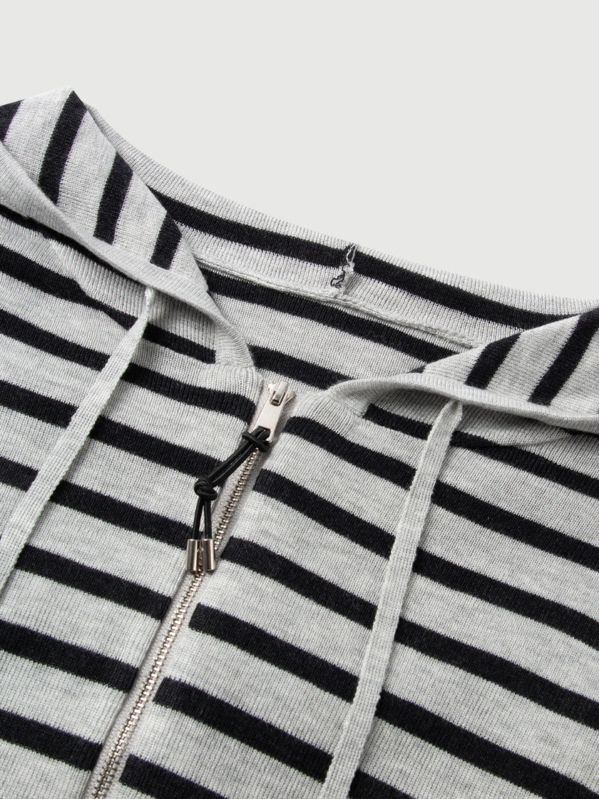 Wool-Blend Striped Hooded Zip Knit Cardigan