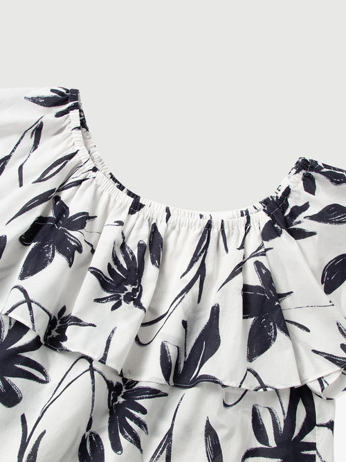 Load image 1 in gallery view. Cotton Ruffled-Neck Short-Sleeve Top