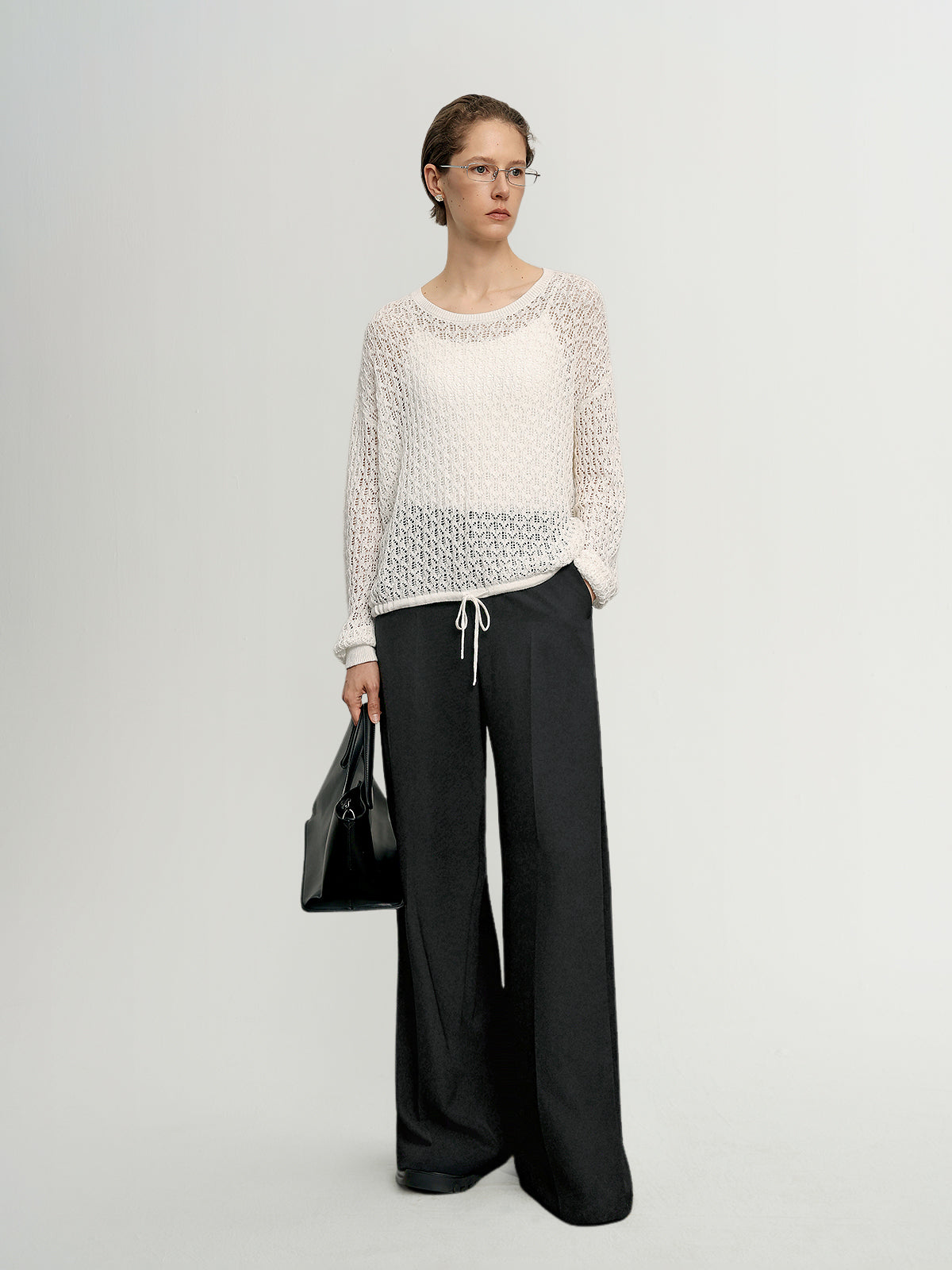 Cotton-Linen Crochet Knit Crewneck Sweater