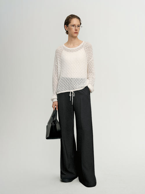 Load image 1 in gallery view. Cotton-Linen Crochet Knit Crewneck Sweater