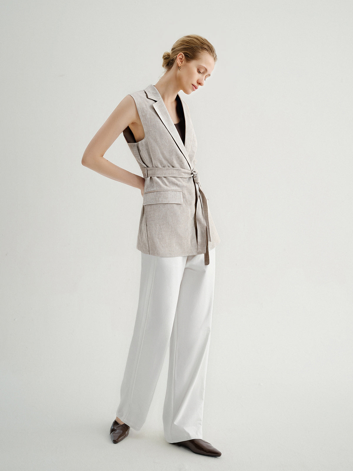 Linen-Blend Sleeveless Belted Vest