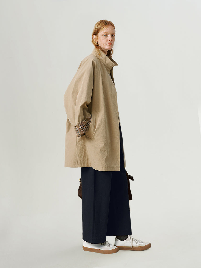 Cotton Stand-Collar Raglan Sleeve Trench