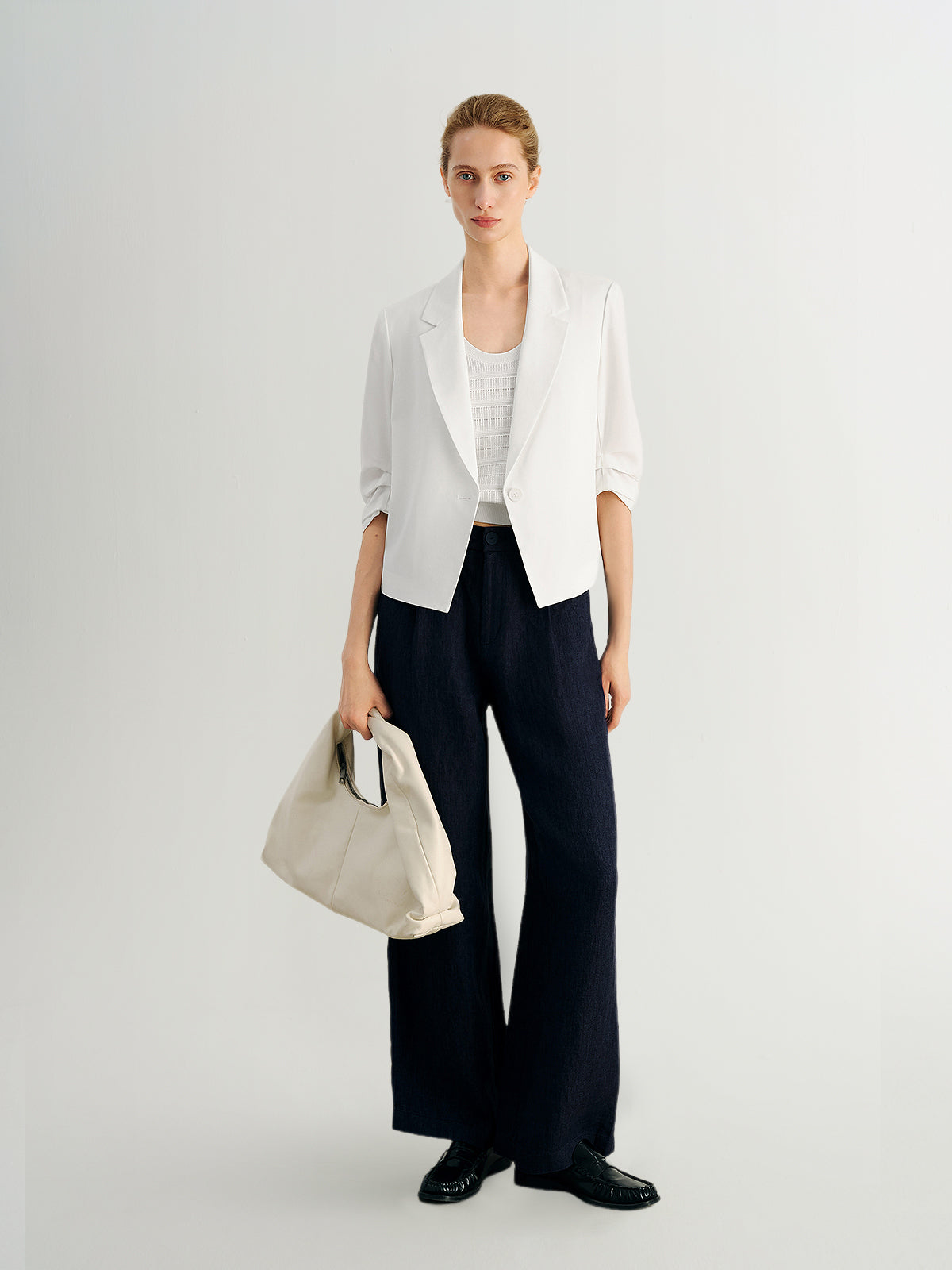 Ruched-Sleeve Cropped Tailored Blazer