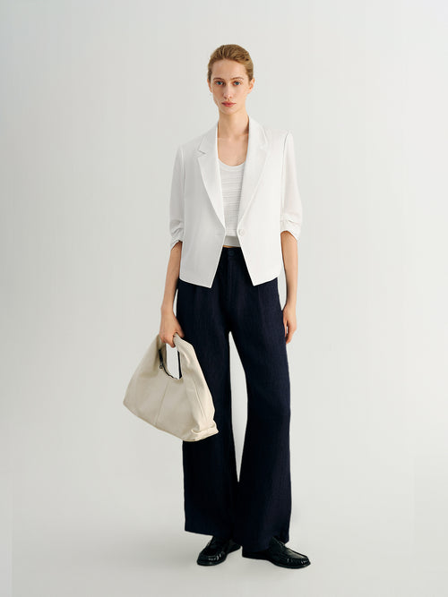Load image 1 in gallery view. Ruched-Sleeve Cropped Tailored Blazer