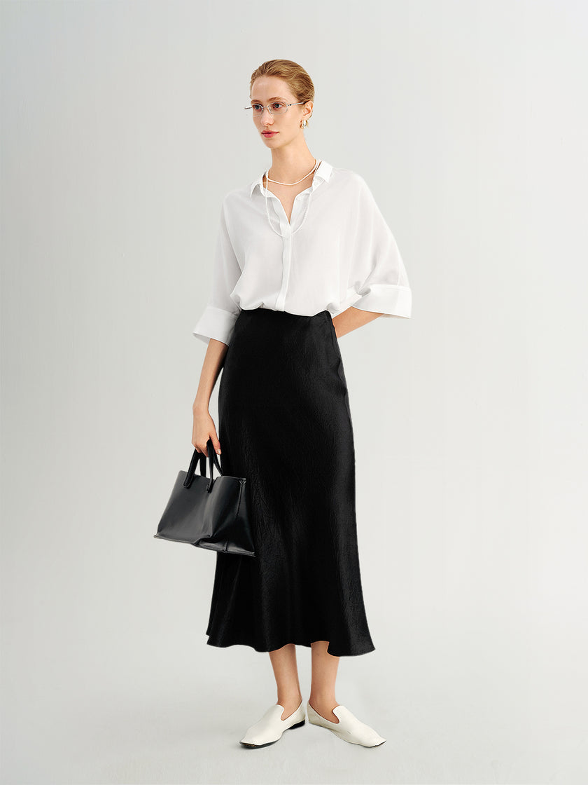 Pure Silk Short-Sleeve V-Neck Blouse