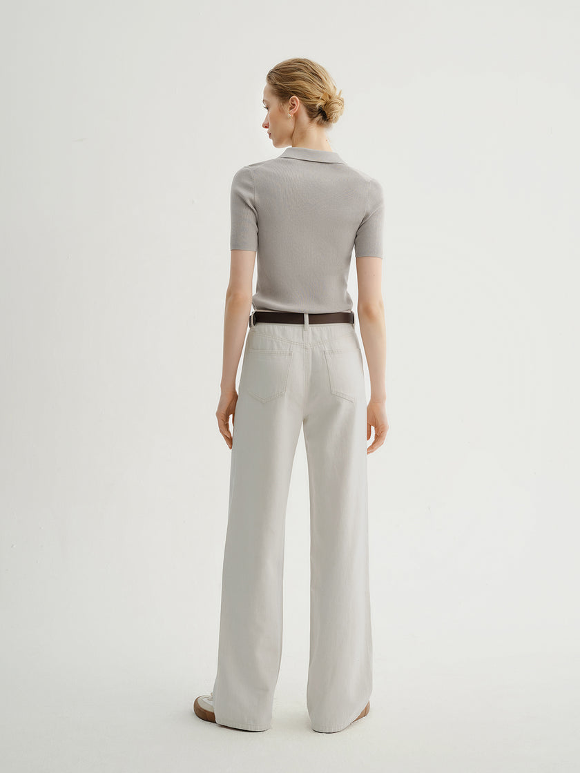 Beige Cotton-Blend Straight Jeans