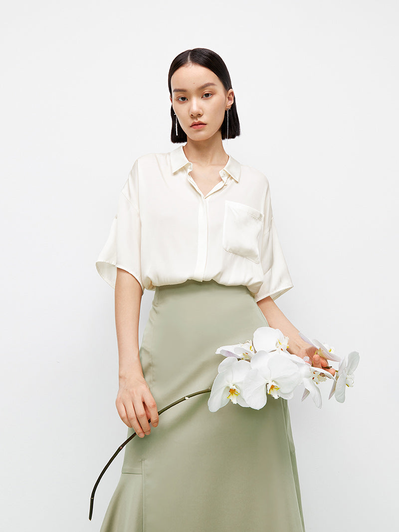 Collared V-Neck Silk Shirt