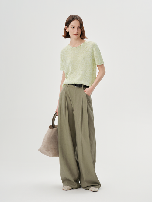 Load image 1 in gallery view. Crew Neck Structured Shoulder Short Sleeve Knit Top