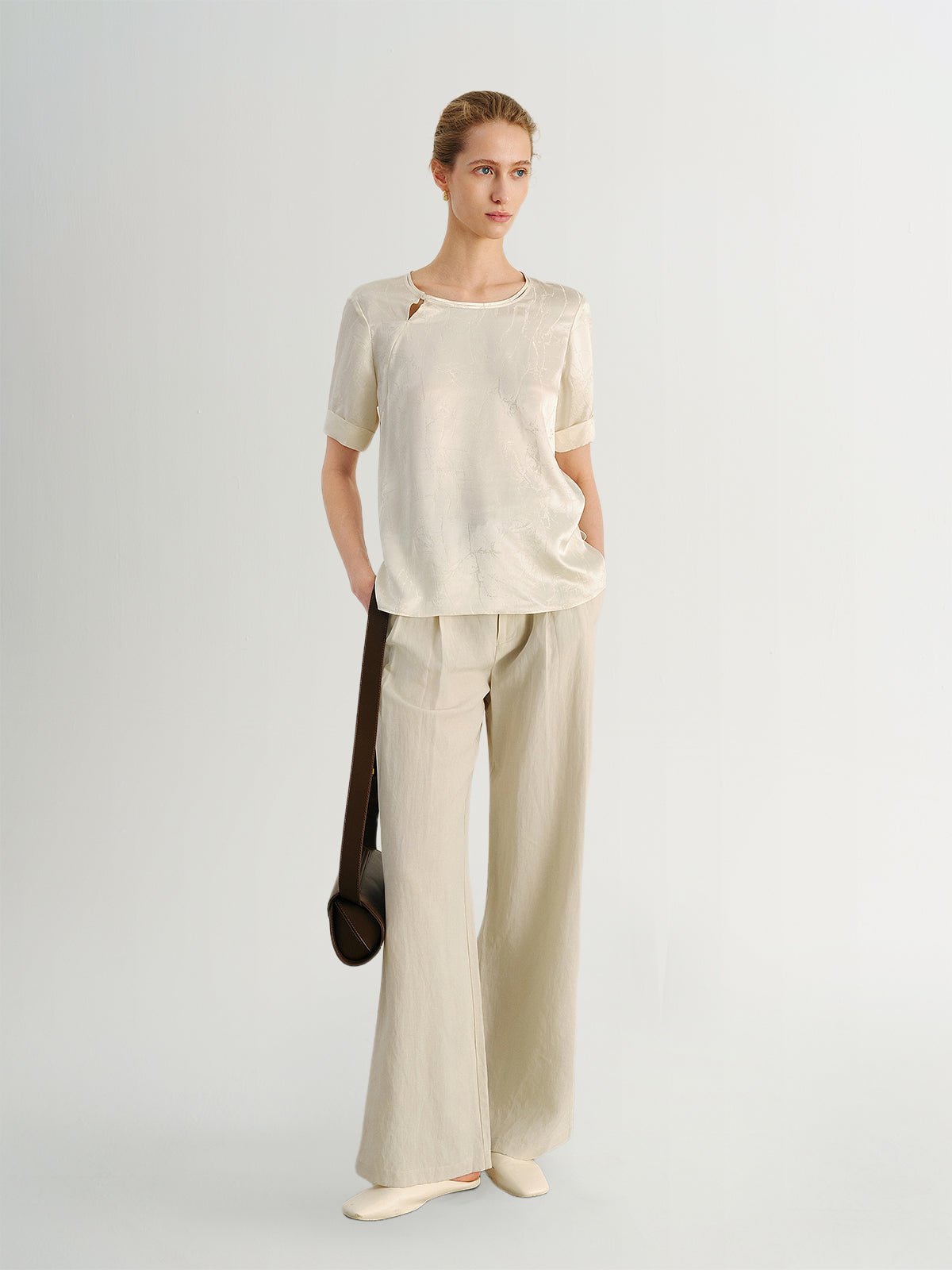 Silk Jacquard Satin Short-Sleeve  Top