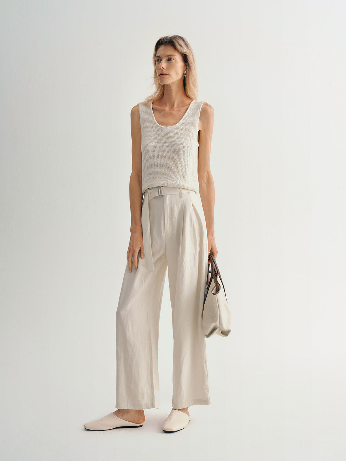 Wide Leg Lyocell Flax Belted Pants
