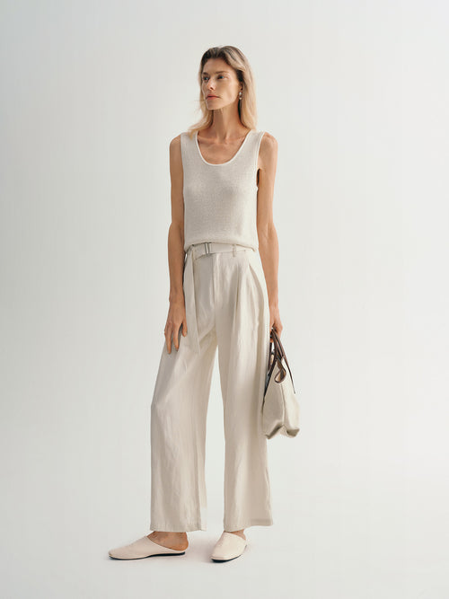 Load image 1 in gallery view. Wide Leg Lyocell Flax Belted Pants