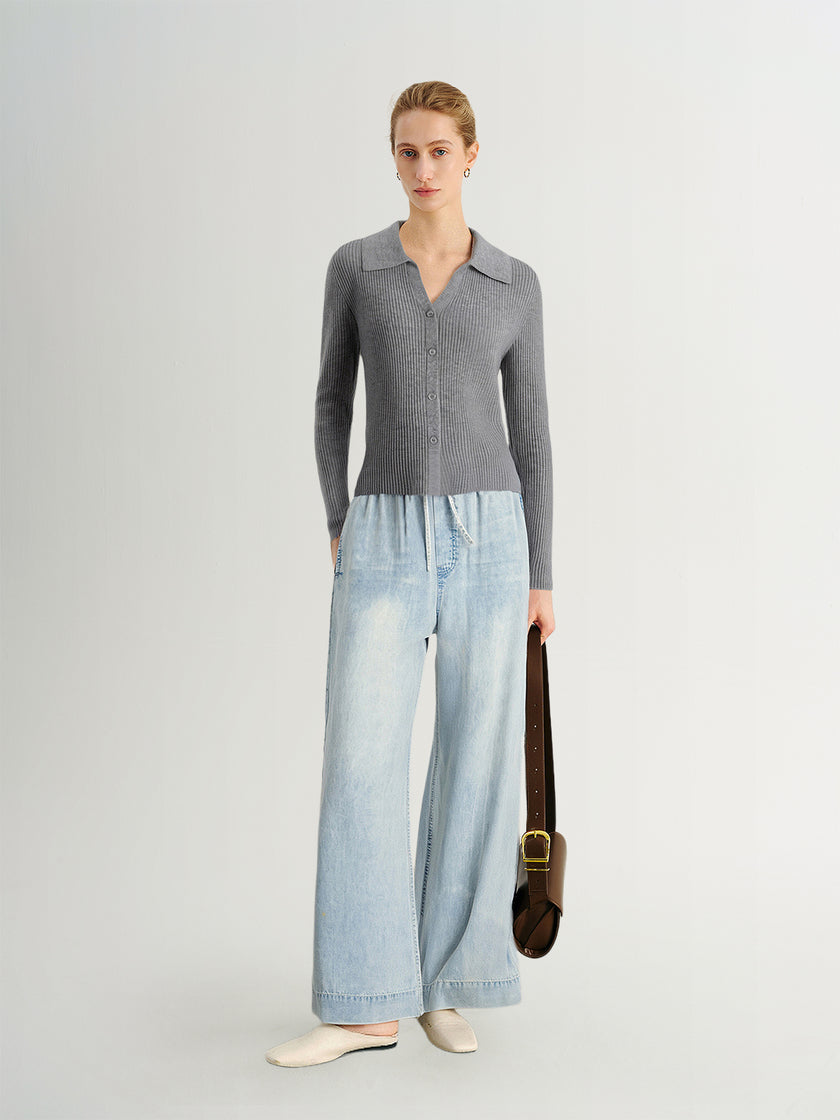 Wide-Leg Lyocell Denim Drawstring  Pants