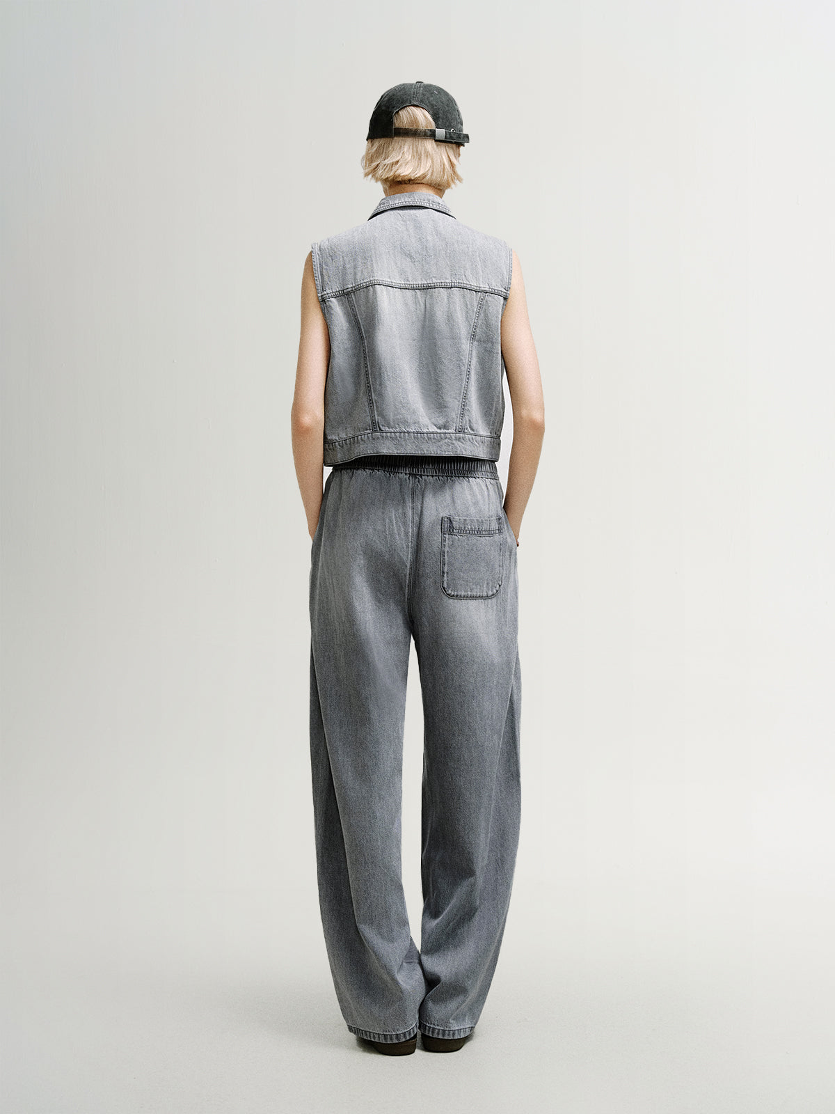 Lyocell-Cotton Sleeveless Collared Denim Vest