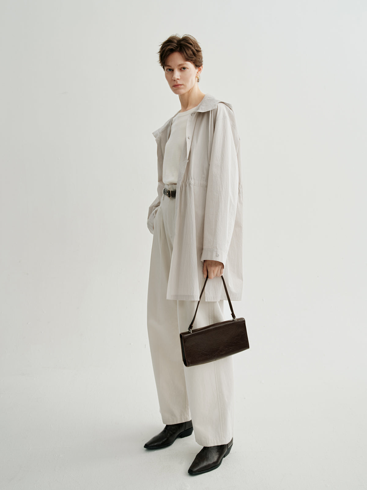 Beige Hooded Straight-Cut Trench Coat