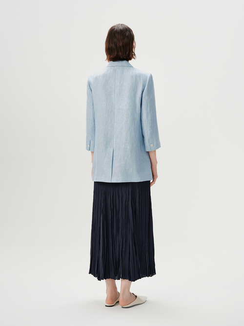 Load image 1 in gallery view. Linen V-Neck Structured Shoulder Relaxed Fit Blazer with Three-Quarter Sleeves