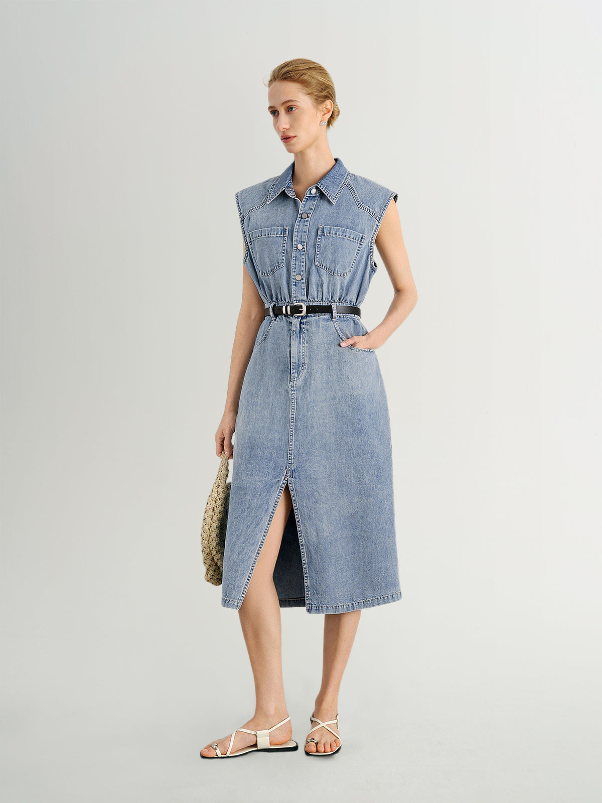 Cotton Denim Sleeveless Shirt Dress