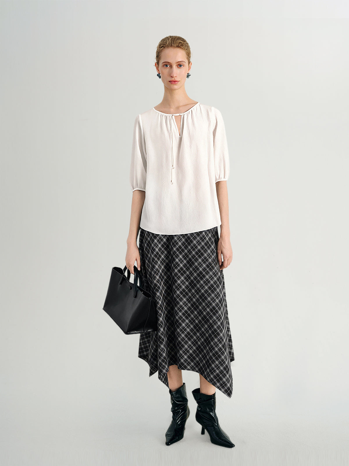 Silk Wave-Texture Short-Sleeve Blouse