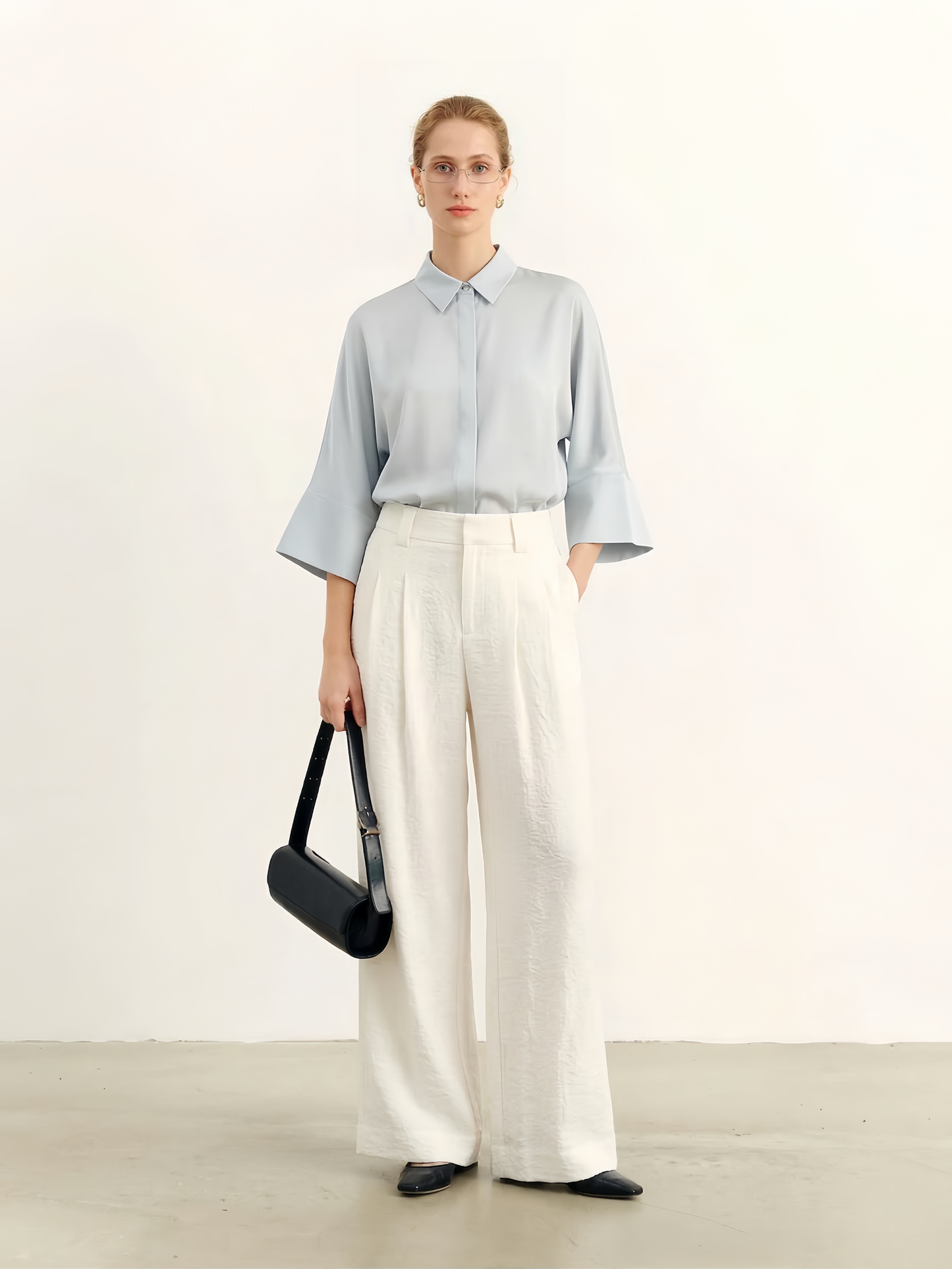 Pure Silk Dropped-Shoulder Drape Shirt (3/4 Sleeves)