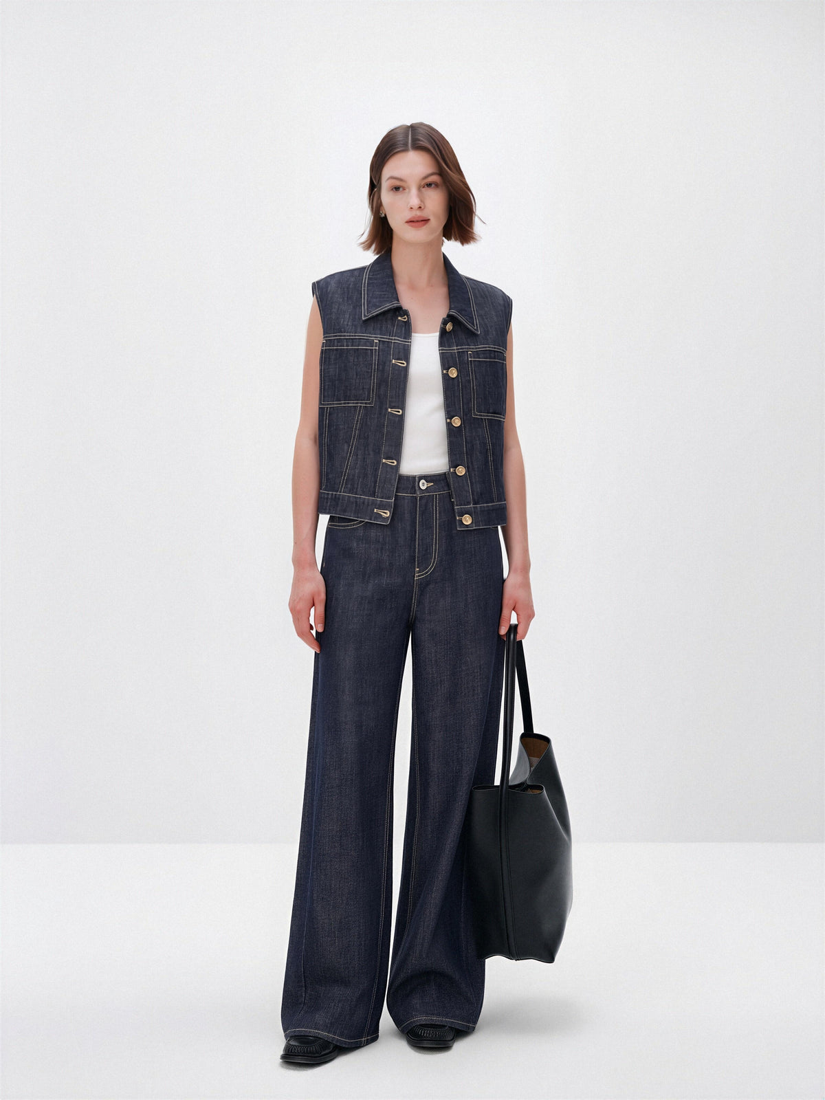 Cropped Denim Collared Vest
