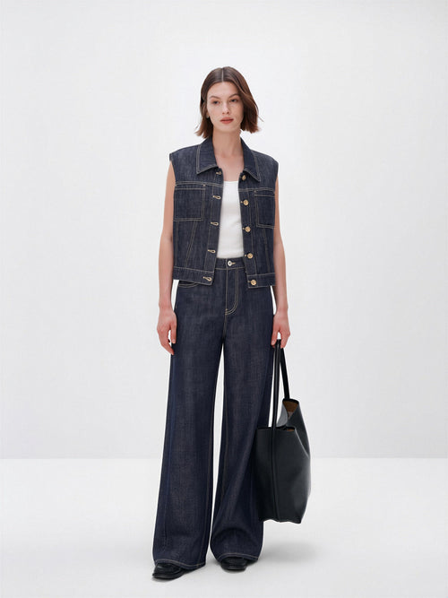 Load image 1 in gallery view. Cropped Denim Collared Vest